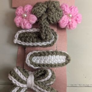 Adorable Pink and Green Crochet Hair Clip Set